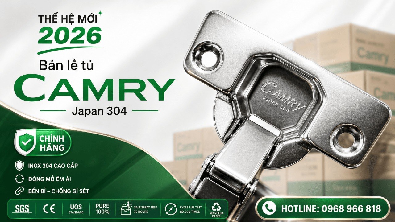 Ảnh poster bản lề tủ CAMRY Japan 304 thế hệ mới 2026